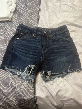 American Eagle Outfitters Dark Blue Distressed Frayed Hem Denim Shorts